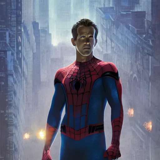 Image similar to ryan reynolds as spider - man, wearing a black and blue suit, cinematic, volumetric lighting, f 8 aperture, cinematic eastman 5 3 8 4 film, photorealistic by greg rutkowski, by stanley artgerm, by alphonse mucha