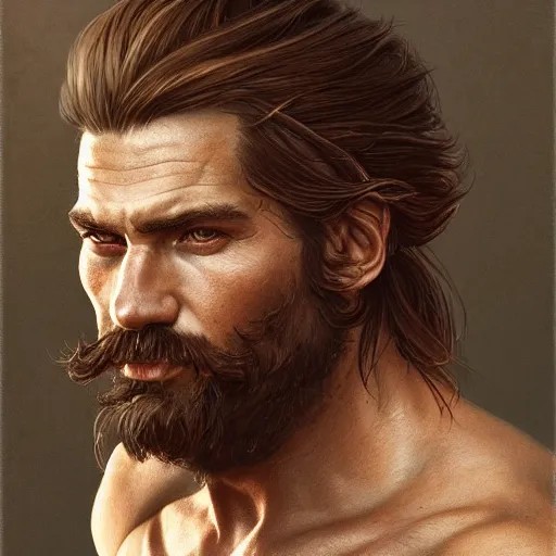 Prompt: portrait of a young, ruggedly handsome ranger, muscular, man bun, half body, leather, hairy, d & d, fantasy, intricate, elegant, highly detailed, digital painting, artstation, concept art, smooth, sharp focus, illustration, art by artgerm and greg rutkowski and alphonse mucha