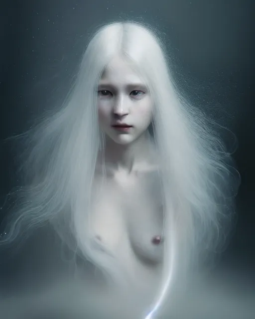 Image similar to delicate, dreamy, feminine, subsurface scattering, white, young beautiful robot - cyborg in cosmos long white hair floating in air, fluid smoke art, black and white, octane render, dino valls, mark ryden, joe fenton, michal karcz, highly detailed, rim light, art, cinematic lighting, very coherent, hyper realism, 8 k