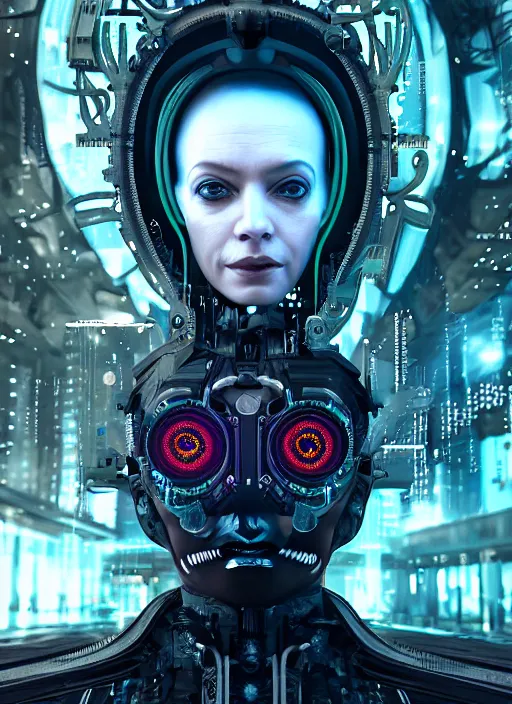 Image similar to 35mm portrait of a 7 of 9 borg with eye implant, on the background of a weird magical mechanical forest. Round gears visible inside her hear. Very detailed 8k. Fantasy cyberpunk horror. Sharp. Unreal 5 render with nanite, global illumination and path tracing. Cinematic post-processing