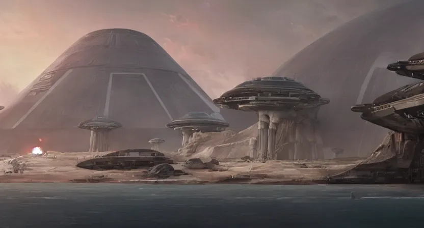 Image similar to the imperial base from Star Wars: Rogue One on Scarif placed on a volcanic planet concept art by Doug Chiang, cinematic,