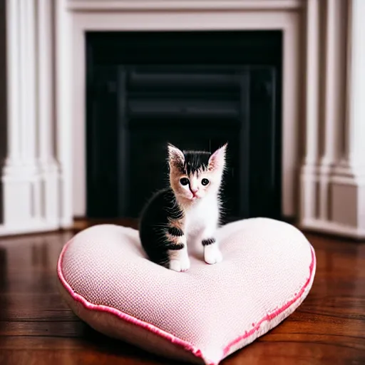 Prompt: A cute little kitten sits on the top of a plush heart-shaped pillow near fireplace, Canon EOS R3, f/1.4, ISO 200, 1/160s, 8K, RAW, unedited, symmetrical balance, in-frame