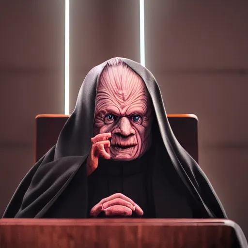 Image similar to emperor palpatine preaching to people at church, 8k cinematic lighting, very sharp detail, anatomically correct