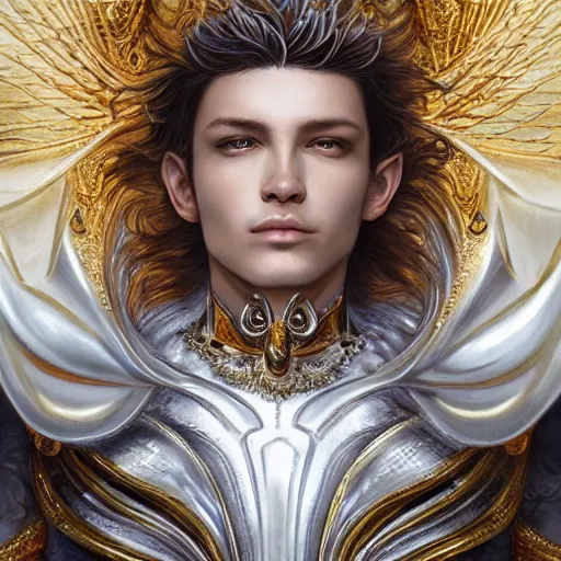 Image similar to a beautiful male angel wearing a white chrome armor with golden ornaments and diamonds jewelry by alex gray and android jones, karol bak, ayami kojima, amano, concept art, character design, fantasy, 3 d, 8 k resolution