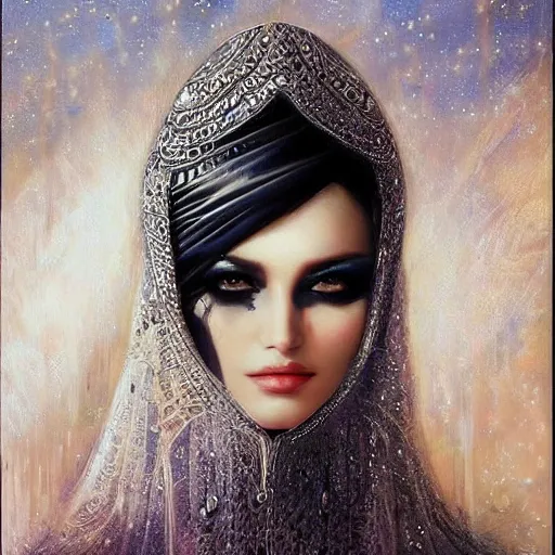 Image similar to a beautiful woman wearing a white niqab made of silver with jewelry and diamonds by karol bak, ayami kojima, arabian eyes, concept art, fantasy