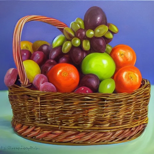 Image similar to photorealistic painting of a gift basket with fruit chocolate and toys