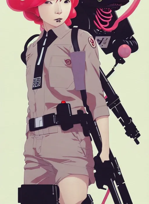 Image similar to Artwork by James Jean and Phil noto and hiyao Miyazaki; a young Japanese future police lady named Yoshimi battles an evil natures carnivorous robot on the streets of Tokyo; Art work by Phil noto and James Jean