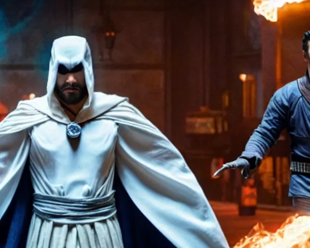 Image similar to still of dr. strange and oscar isaac as moon knight, in avengers movie