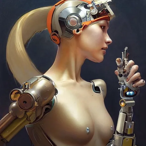 Image similar to female robot, cybernetic paintbrush, robotic arm, incredibly detailed face, pretty face, true anatomy, art by artgerm and greg rutkowski and alphonse mucha