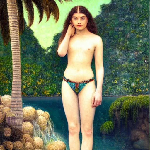 Image similar to a ultradetailed beautiful painting of lorde standing in front of the diamonds waterfall in the amazonas palace balustrade designed by jules bastien - lepage, tarsila do amaral, frank weston and gustave baumann, beach, trending on artstation, mediterranean, palm trees, sharp focus, soft light, 8 k 4 k