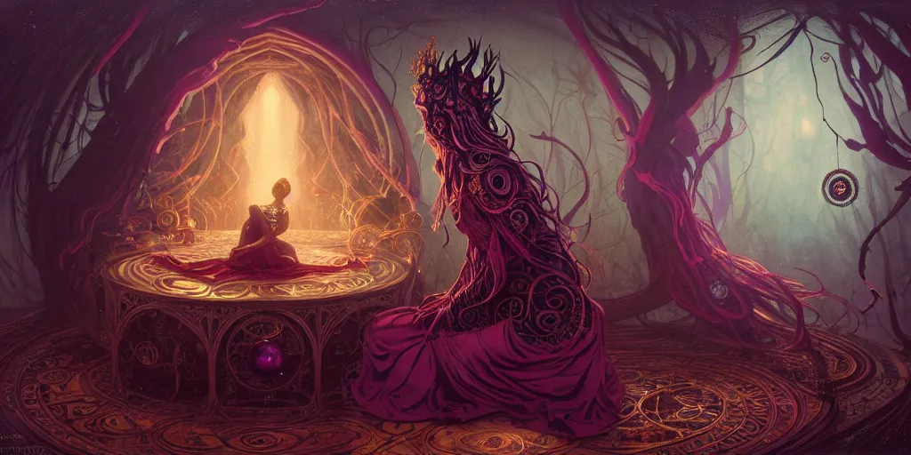 Image similar to wide shot picture of a maximalist dress witch sitting on the floor and researching about the azathoth, extremely beautiful and aesthetic and detailed cute face and eyes, very huge magic circles on hand, with familiar sprites, in the magic room, chiaroscuro, intricate, masterpiece, fantasy illustrations by anato finnstark and jeremy lipking and peter mohrbacher