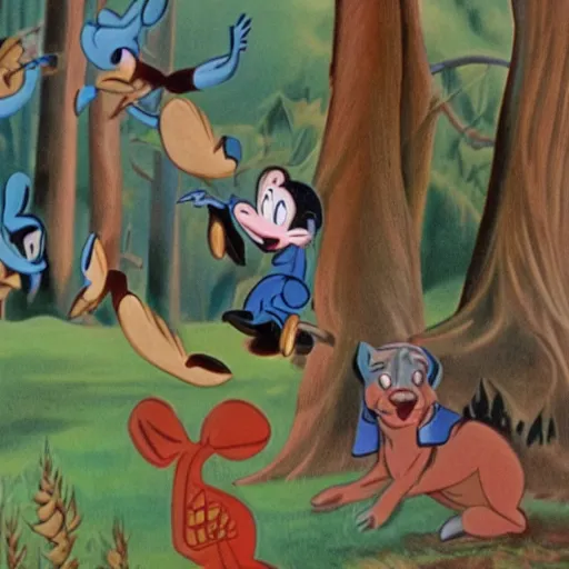 Image similar to 1940s disney film about talking forest animals super high detail