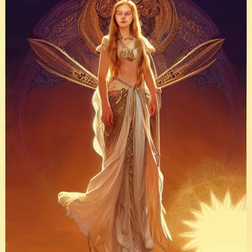 Image similar to portrait of the goddess of the sun who looks like Ana de Armas and Saoirse Ronan, D&D, fantasy, intricate, elegant, highly detailed, digital painting, artstation, smooth, sharp focus, illustration, art by artgerm and Michael Whelan and alphonse mucha