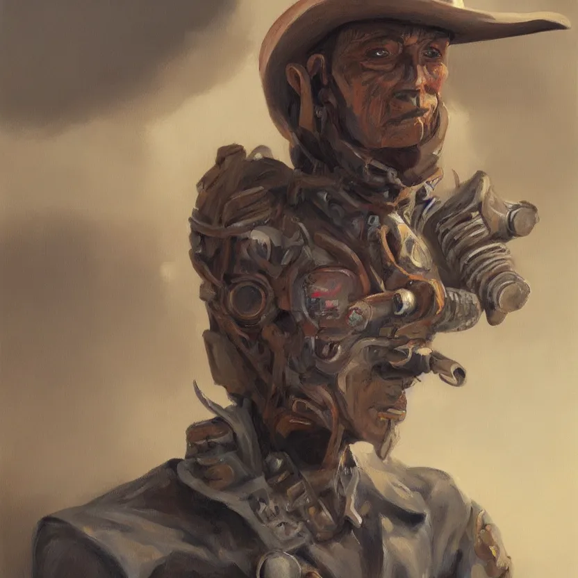 Prompt: portrait painting of a tribal alien cowboy. muted colors, soft gradients. trending on artstation. retrofuturism.