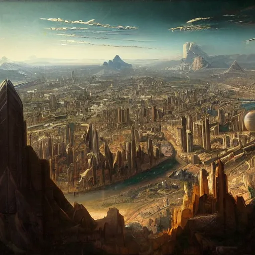 Prompt: A vast planetary sci fi city by Ansel Adams and Bernardo Bellotto, oil on canvas, artstation, dramatic scenery, masterpiece, aesthetic