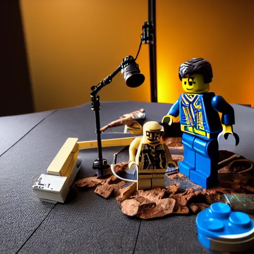Image similar to a detailed photo of a diorama of action figure lego, macro photography, zoom, table, studio lighting