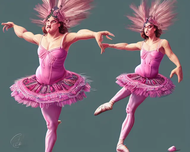 Image similar to photography of jack black dancing in a pink ballerina outfit, full body shot, deep focus, d & d and mtg, fantasy, intricate, elegant, highly detailed, digital painting, artstation, concept art, matte, sharp focus, illustration, hearthstone, art by giger