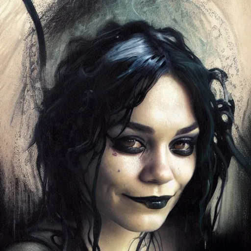 Image similar to beautiful portrait of vanessa hudgens as death from sandman, smiling, by cedric peyravernay, alphonse mucha, by jeremy mann, by lecouffe deharme, goth chic, soft lightning, eyeliner, punk rock, high detailed, 8 k