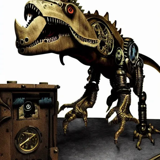 Image similar to a steampunk robotic dinosaur, dark background, super - detailed, photo - realistic,