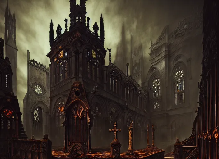 Image similar to steam necropolis, memento mori, gothic, neo - gothic, art nouveau, hyperdetailed copper patina medieval icon, stefan morrell, philippe druillet, ralph mcquarrie, concept art, steampunk, unreal engine, detailed intricate environment, octane render, moody atmospherics, volumetric lighting, ultrasharp, ominous, otherworldly