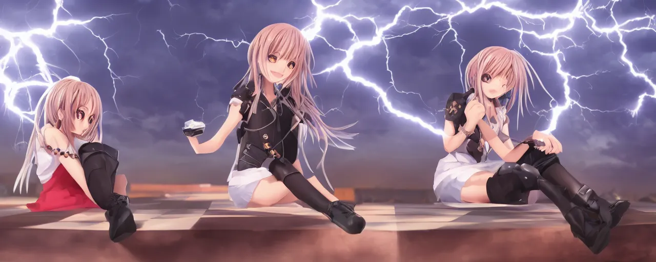 Prompt: an anime girl sitting on giant chessboard and using lightning magic, draw by belko, unreal rendering, 8 k uhd