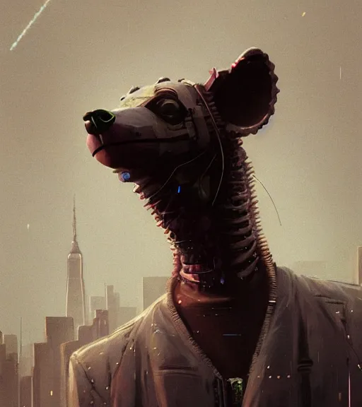 Image similar to new york city portrait of furry anthro anthropomorphic spotted hyena head animal person fursona wearing clothes strange cybernetic muzzle gloomy rainy screenshot from the video game cyberpunk 2077 digital art by Greg Rutkowski, Simon Stalenhag, christopher nolan trending on Artstation, CGSociety