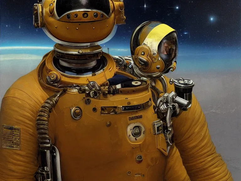 Image similar to a detailed profile oil painting of pilot in a spacesuit with reflective visor, flight suit, portrait symmetrical and science fiction theme with aurora lighting by beksinski carl spitzweg and tuomas korpi. baroque elements, full-length view. baroque element. intricate artwork by caravaggio. Trending on artstation. 8k