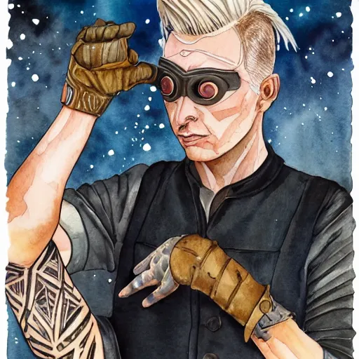 Image similar to detailed colorful watercolor of square - jawed emotionless serious blonde woman starship engineer, tribal tattoos, handsome, short slicked - back hair, sweating, uncomfortable and anxious, looking distracted and awkward, wearing victorian dark goggles, dirty white tank top, cargo pants, and gloves, small spacecraft in background, highly detailed, david mack, trending on artstation