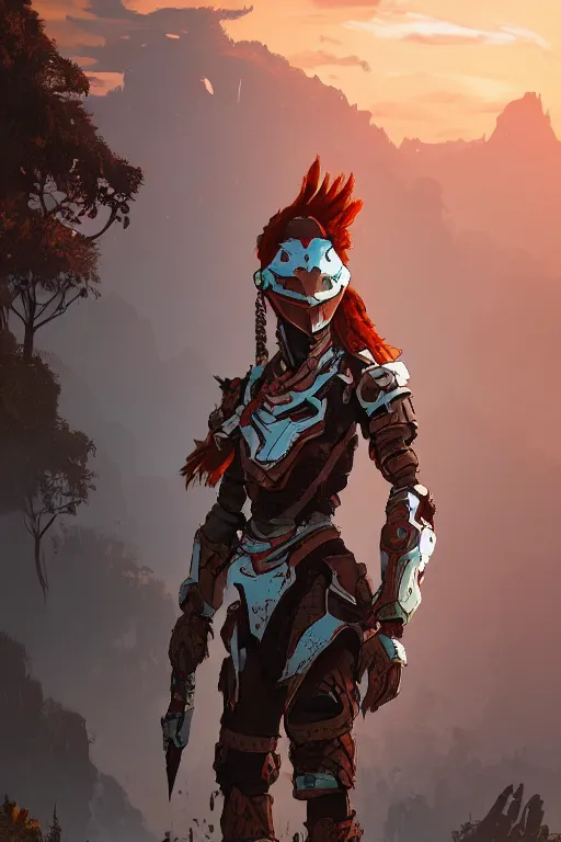 Image similar to combination suit armor aloy horizon forbidden west horizon zero dawn radiating a glowing aura global illumination ray tracing hdr fanart arstation by ian pesty and alena aenami artworks in 4 k tribal robot ninja mask helmet backpack