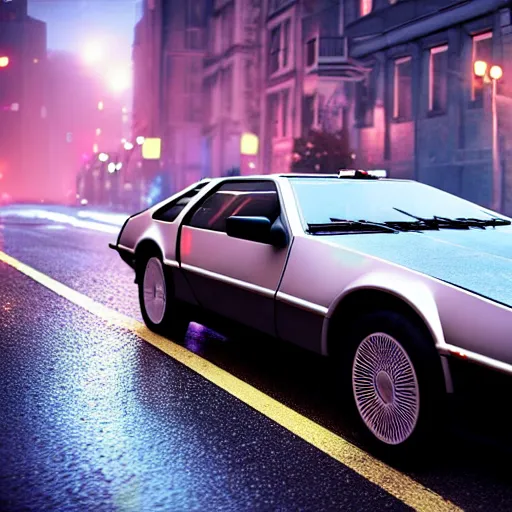 Image similar to hyperdetailed, photorealistic photograph of a dmc 1 2 delorean driving in the streets, rain, night, dense fog, hd, unreal engine 5