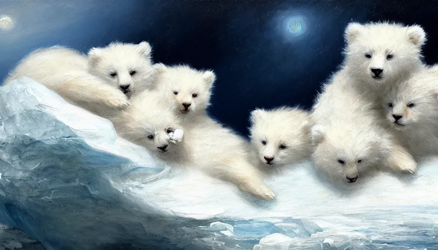 Image similar to highly detailed painting of cute furry white baby bear cats cuddling into each other on a blue and white iceberg by william turner, by greg rutkowski, by william constable, thick brush strokes and visible paint layers, 4 k resolution