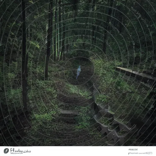 Image similar to creepy spiral stairway in middle of forest, spiral stairs leading to nowhere!, dark foggy misty colors!, dark forest from evil realm