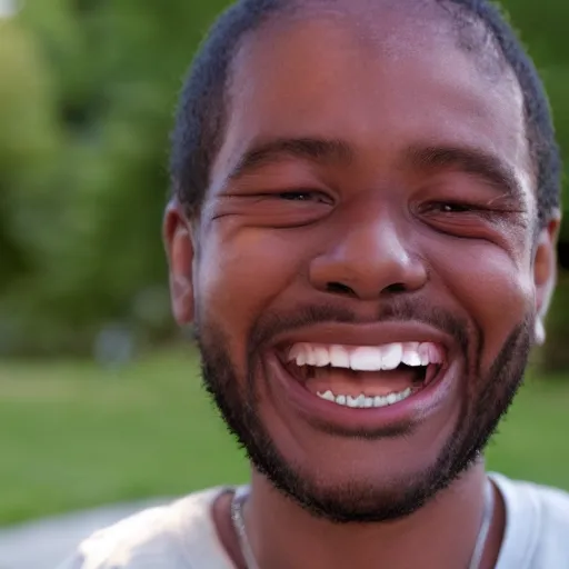 Prompt: man smiling with no teeth, beady solid black eyes, no eyebrows