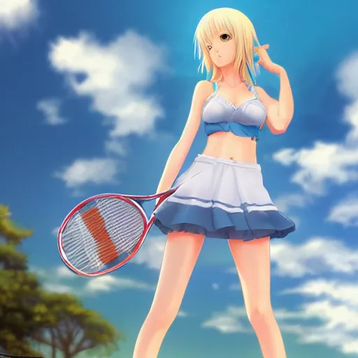 Prompt: full body shot : a very beautiful young blond tennis anime girl, sky blue eyes,, bikini, miniskirt, highly detailed, cinematic wallpaper by stanley artgerm lau