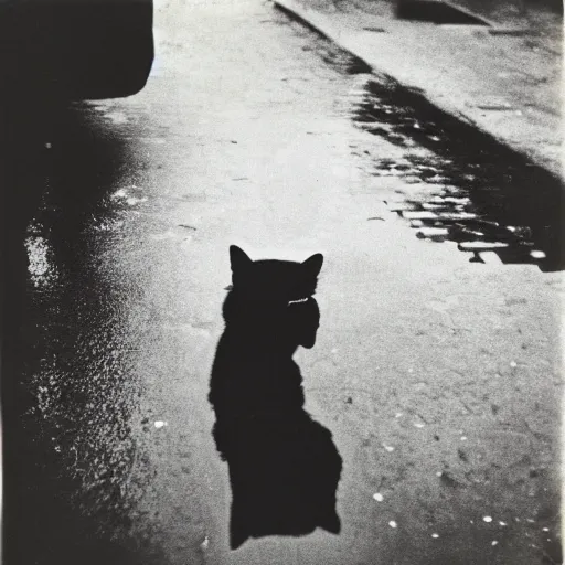 Image similar to wide-shot very low-angle eyesight reflection of a cat in the puddle at the street in Moscow, polaroid photo, by Andy Warhol, signed