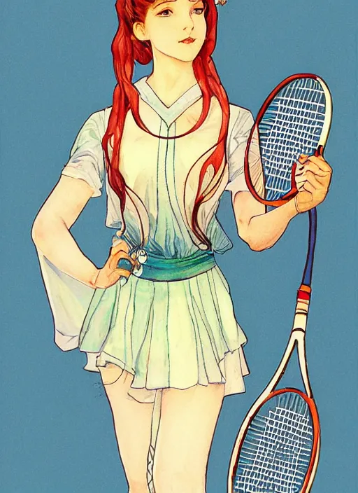 Image similar to a copic maker art nouveau portrait of a russian beautiful girl with sad face wearing a tennis player outfit inspired in inuyasha clothes by john berkey norman rockwell