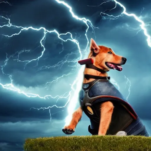 Prompt: a canine thor holding hammer with its paw, dramatic lightning background