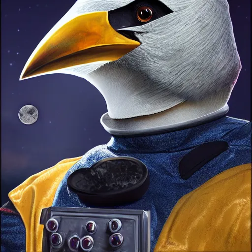 Prompt: crow dressed in space suit, portrait, matte painting, 4 k, highly detailed