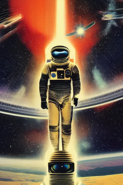 Image similar to poster art, movie poster, retrofuturism, sci - fi, textured, paper texture, 2 0 0 1 : a space odyssey by edward valigursky