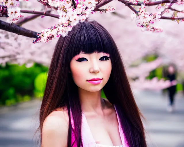 Prompt: portrait of an japanese gyaru with beautiful face and modern clothes, sakura blooming in the background, bokeh, depth of field