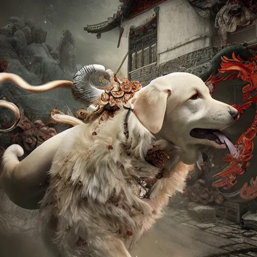 Image similar to The Chinese Zodiac sign of dog warrior, traditional Chinese textures, hyper detail, Unreal engine,Octane render, by Brooke Shaden