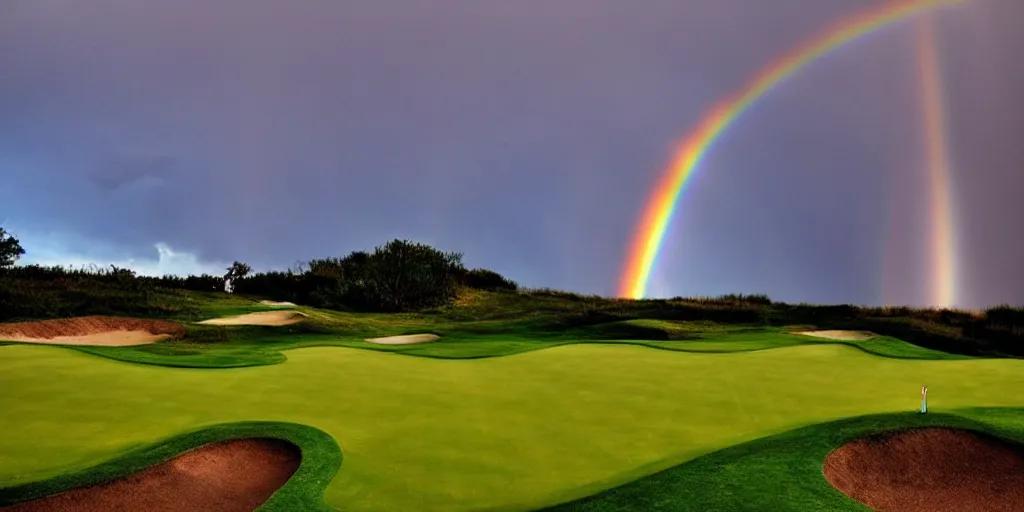 Image similar to a great photograph of the most amazing golf hole in the world, on top of the clouds, lightning storm and a rainbow, sunlight, ambient light, golf digest, top 1 0 0, fog