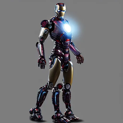 Prompt: humanoid robot similar to iron man and robocop, cyberpunk, trending on artstation, intricate design