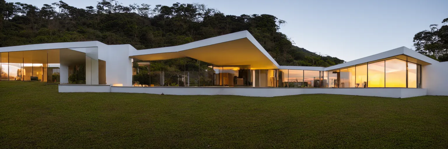 Image similar to [ em resposta a renan mendonca ] [ album ] an extremely far away exterior shot of a pavillion - like modern house designed by marcio kogan, where you can see the whole house overlooking some hills at golden hour, photographed by saul leiter, 8 k resolution