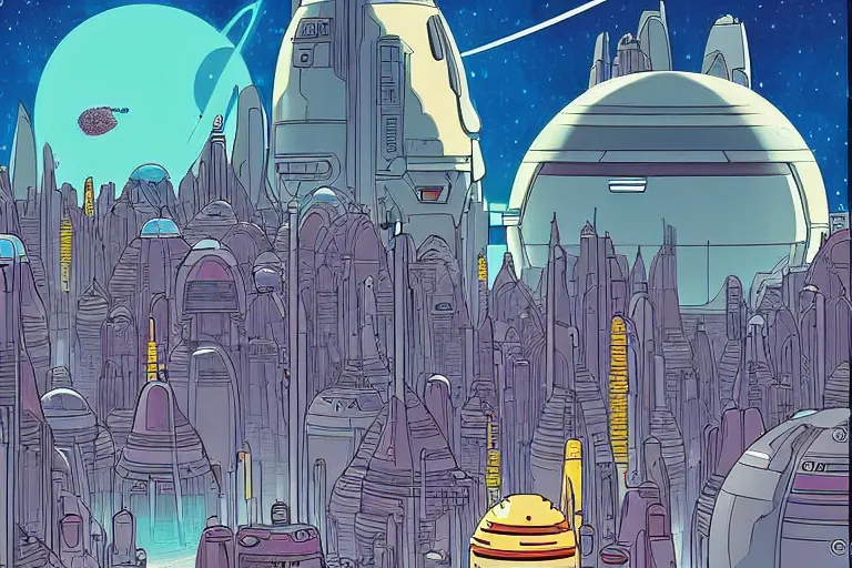 Image similar to a scifi illustration, Galactic City on Coruscant. flat colors, limited palette in FANTASTIC PLANET La planète sauvage animation by René Laloux