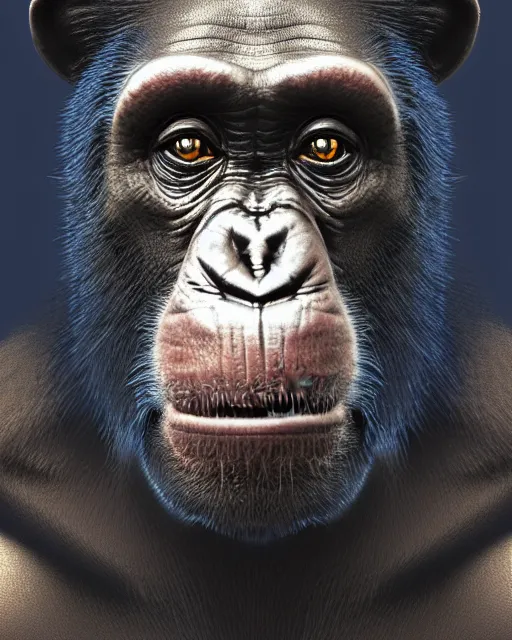 Prompt: gold, blue, very detailed high resolution illustration of a chimpanzee, 3 d, 8 k, extremely detailed, artstation