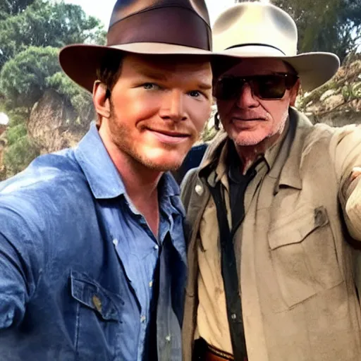 Image similar to chris pratt as indiana jones taking a selfie with harrison ford, instagram, cinematic, natural lighting, genuine smile