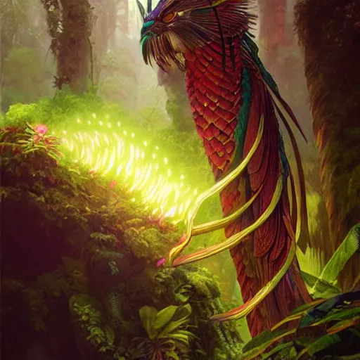 Image similar to quetzalcoatl glowing with magic, quetzal feathers,jungle landscape, D&D, fantasy, intricate, elegant, highly detailed, digital painting, artstation, concept art, matte, sharp focus, illustration, art by Artgerm and Greg Rutkowski and Alphonse Mucha