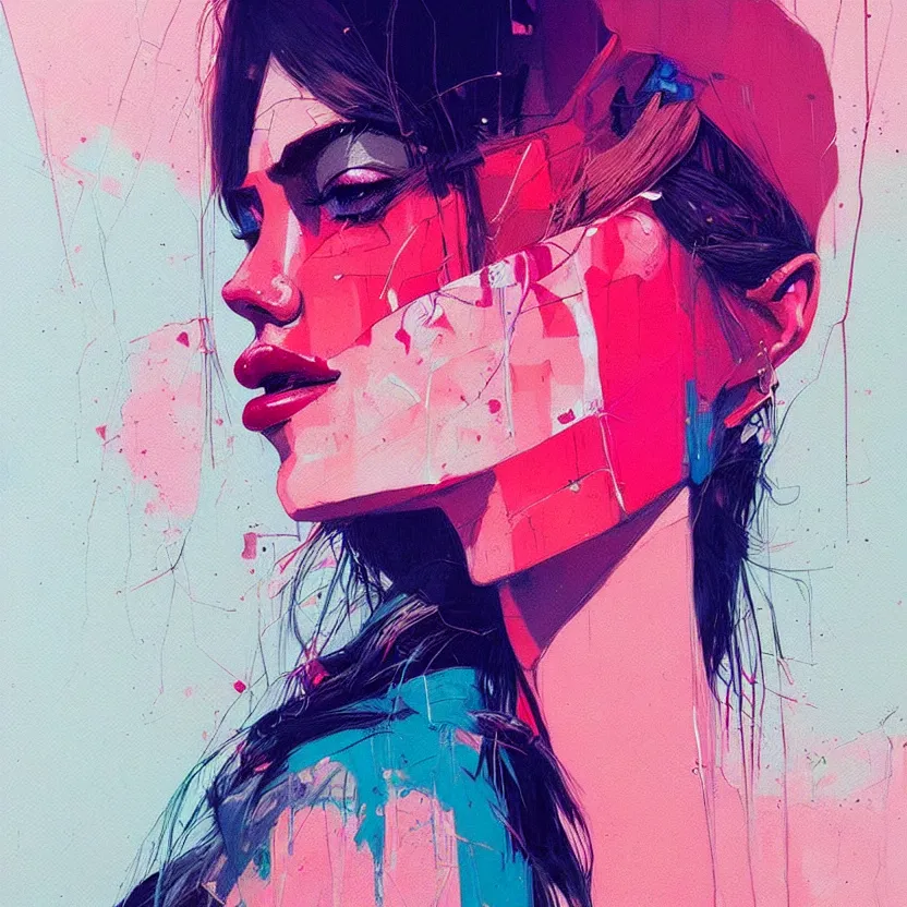 Prompt: close up portrait painting of a female in nineties street styling, concept art, intricate details, aesthetically pleasing pastel colors, art by conrad roset