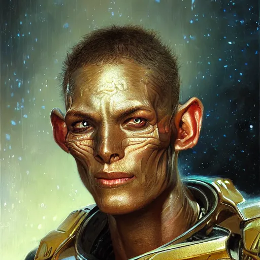 Prompt: portrait of an alien soldier, extreme fine detail background, night, highly detailed, detailed eyes, high quality, digital painting, hyperrealistic, by gaston bussiere, j. c. leyendecker, craig mullins